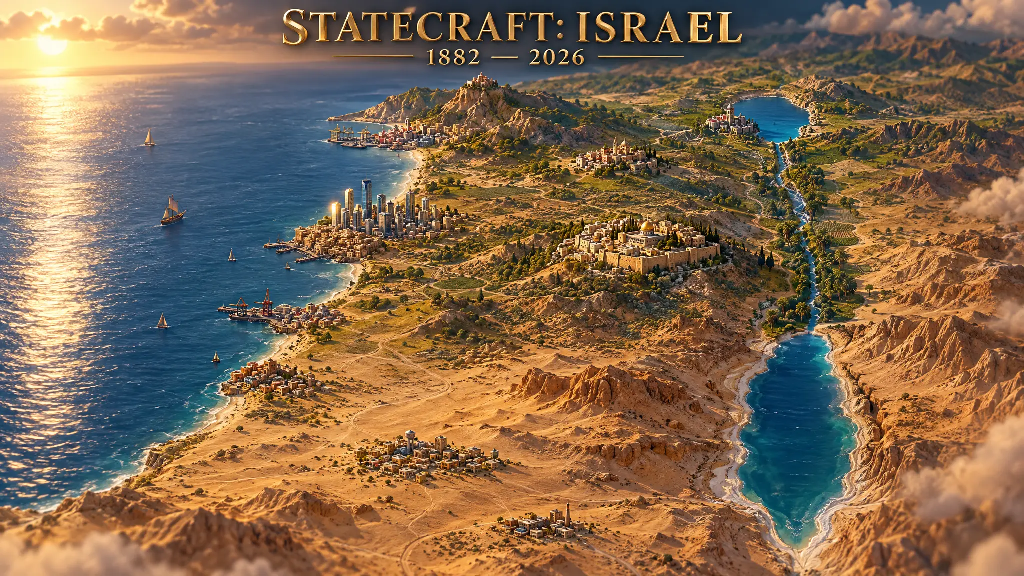 תמונת מפתח שנוצרה בבינה מלאכותית: הארץ כדיורמה בשקיעה, מהחוף ועד ים המלח, עם הכותרת Statecraft: Israel ‏1882 — 2026.