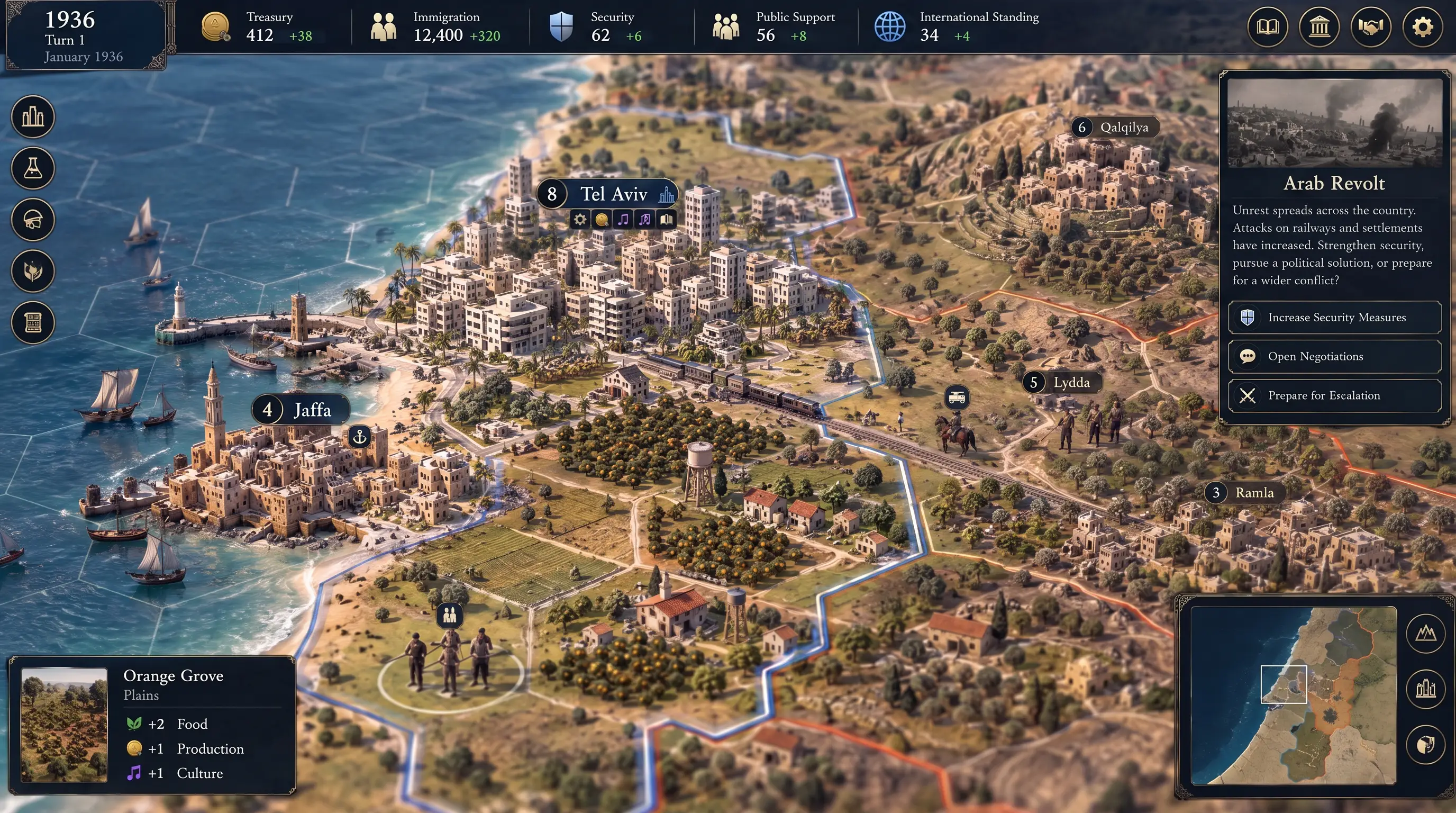 AI-generated concept art of the target look: a tilt-shift diorama of the coast around Tel Aviv and Jaffa in 1936, with a top resource bar and an event card. It shows things the game does not have.