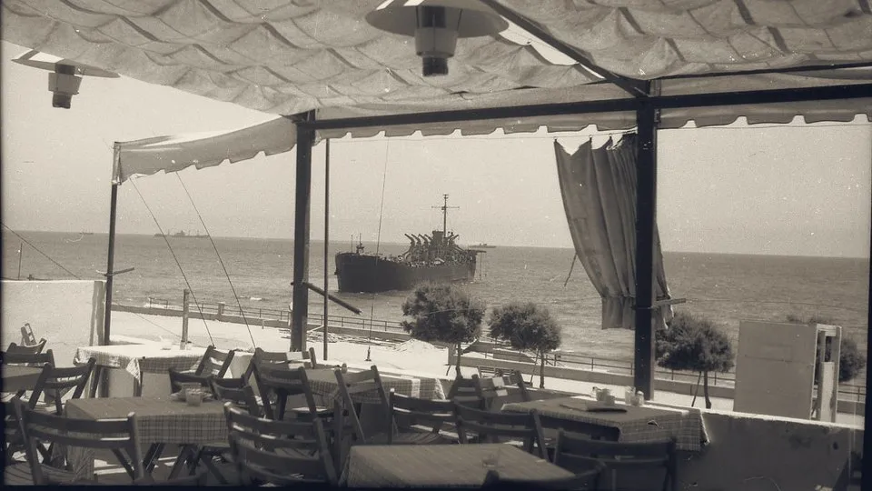 The Altalena off the Tel Aviv shore, seen from a seafront café shortly before the shelling, June 1948.