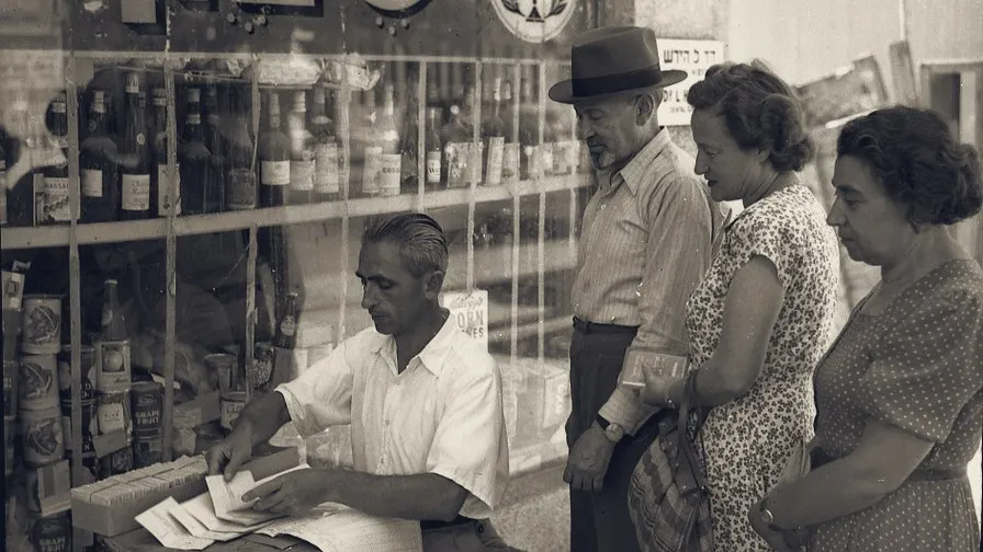 A clerk hands out the new government ration-coupon books, 1949.