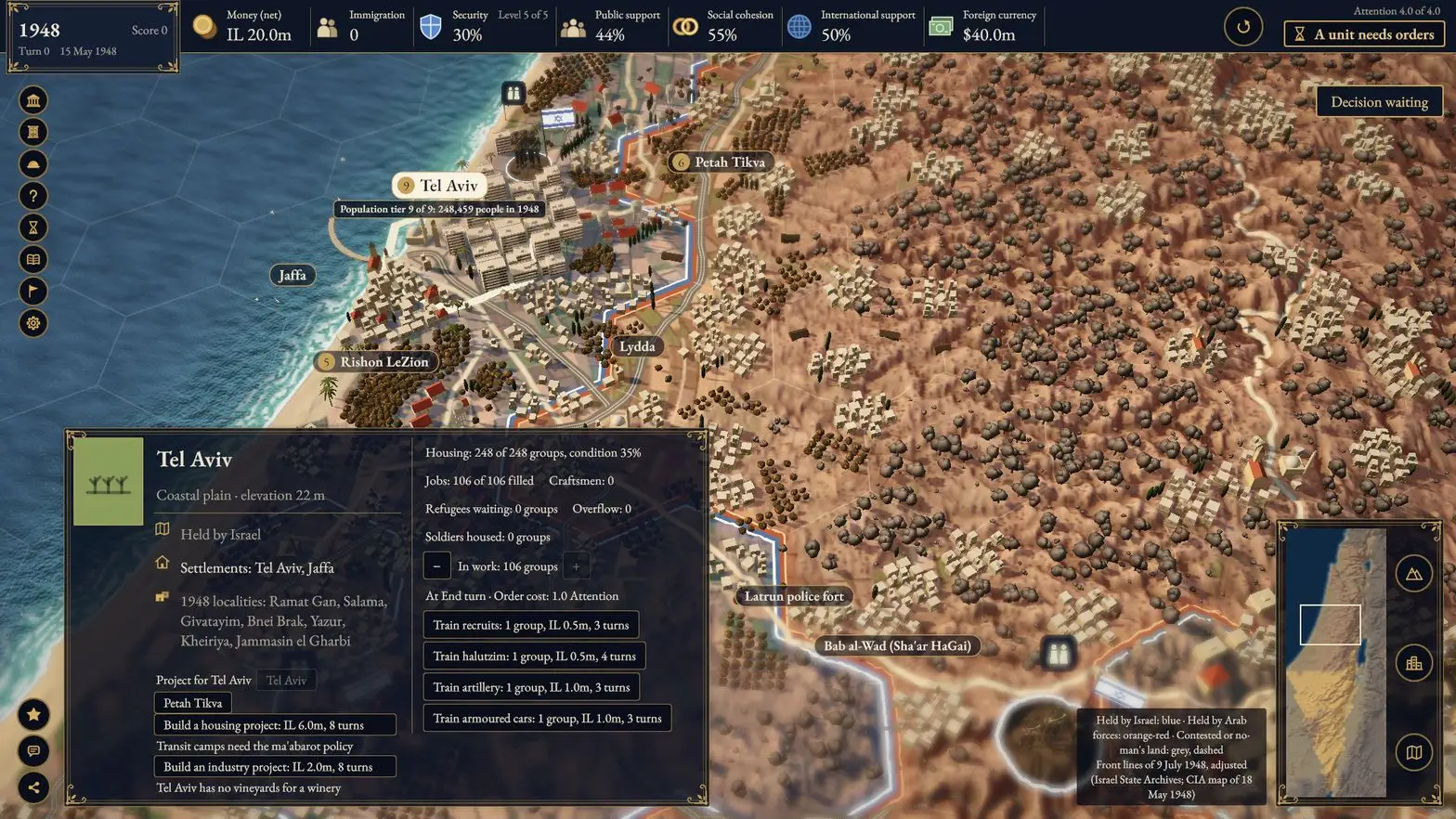 The current build, 15 May 1948: a closer look at Tel Aviv, Jaffa, Lydda, Petah Tikva and Rishon LeZion, with groves, villages, railways and roads, the front lines and the top bar, and Tel Aviv's city panel with its housing, jobs, refugees and training.