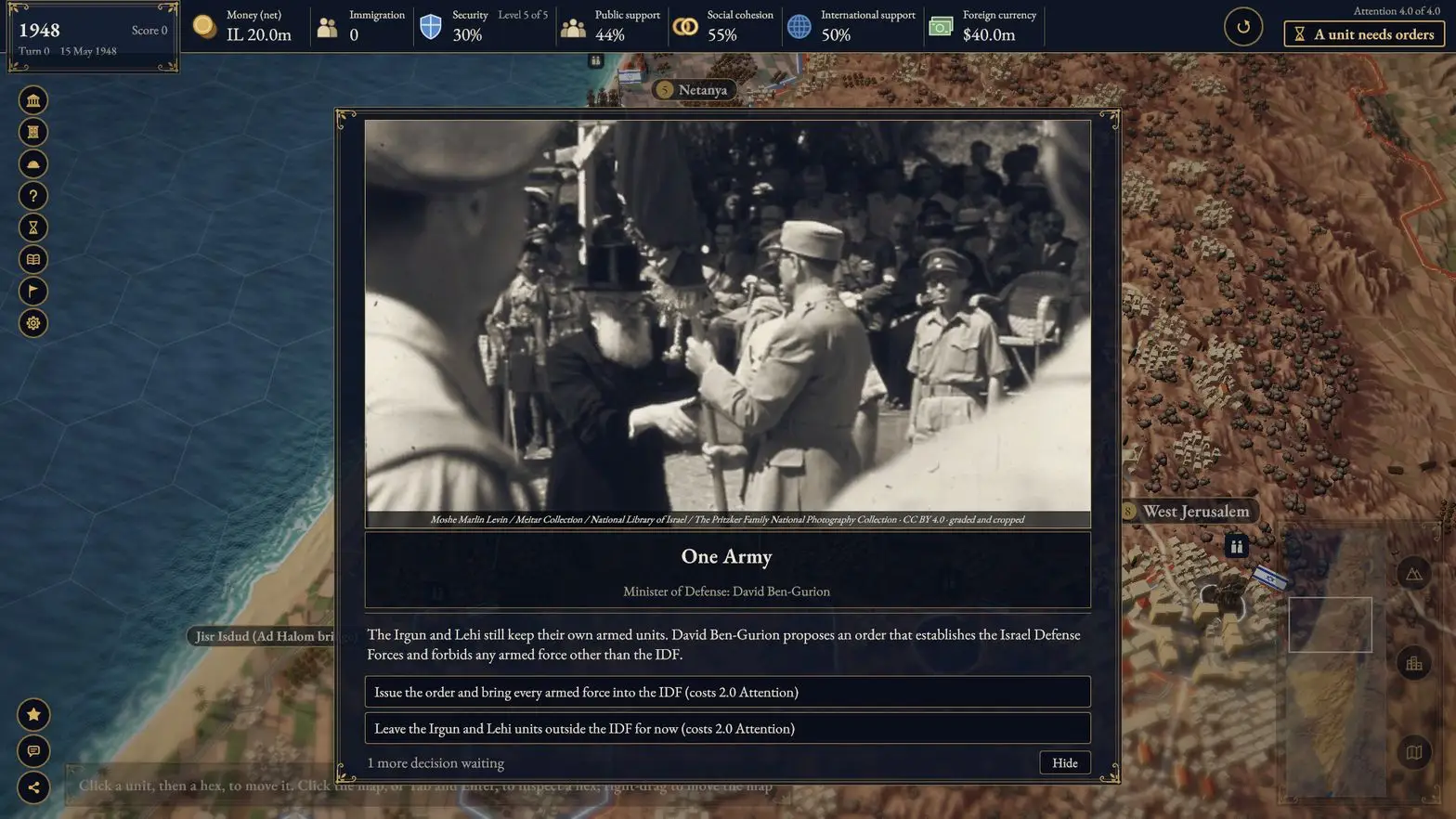 The current build, 15 May 1948: the One Army event card with an archival photograph, over the map of the coast, with the top bar, the left icon column and the minimap.