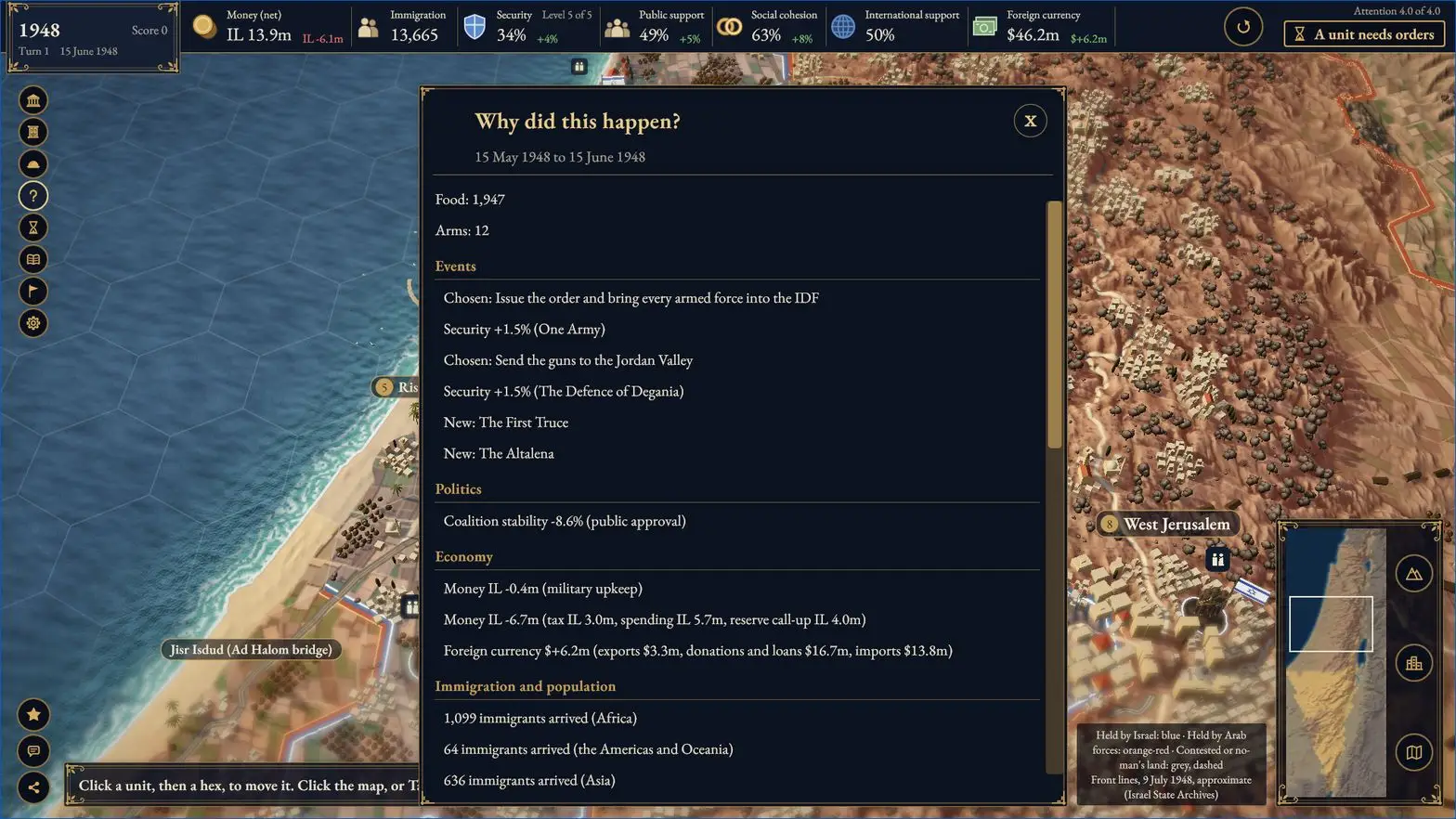 The current build, 15 June 1948: the Why panel after the first turn, which lists the choice made, the new events, and the changes to politics, the economy, immigration and the cities, each with its cause.