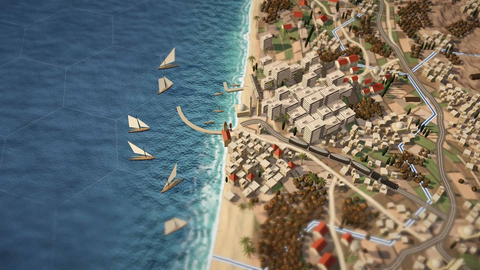 An in-engine render of the 1948 map with no interface: the coast at Jaffa and Tel Aviv, with sailing boats off Jaffa's breakwater, Tel Aviv's white blocks, a train on the coastal railway, groves, villages and the sub-district borders.
