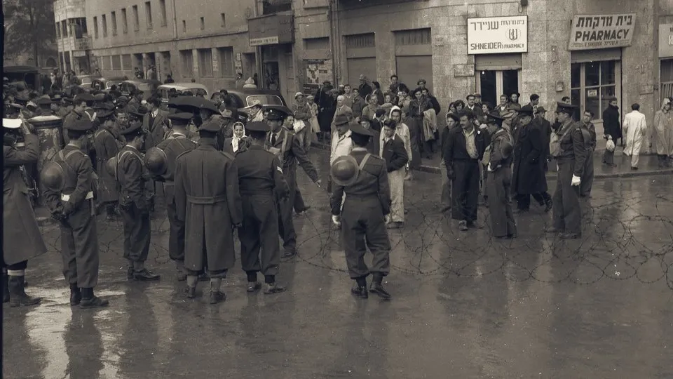 Police set up barbed-wire barriers before a planned demonstration near the Knesset against the reparations talks, Jerusalem, January 1952.